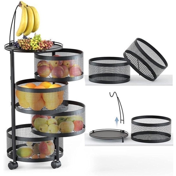 Fruit Vegetable Storage Basket Rotating Layered Shelf with Wheels 4 in 1 Black
